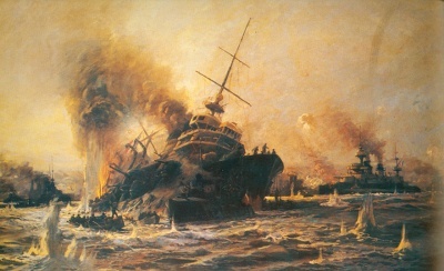 기뢰를 맞아 침몰하는 연합국 해군 전함