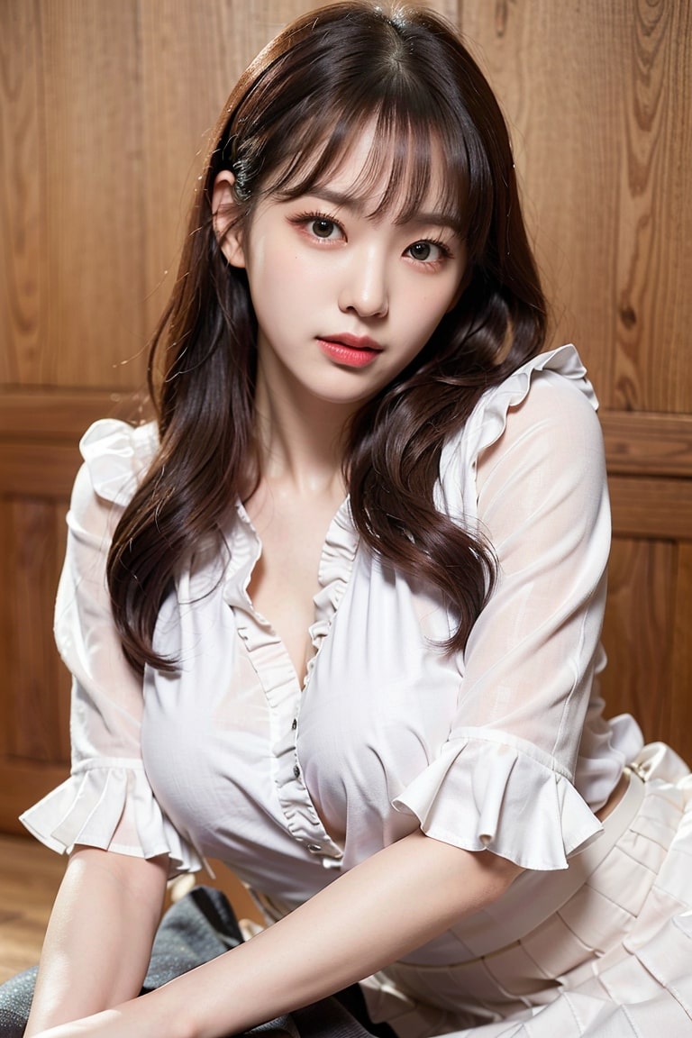  AI가 그린 화이트 블라우스, 러플 스커트 여자 피팅모델 그리기