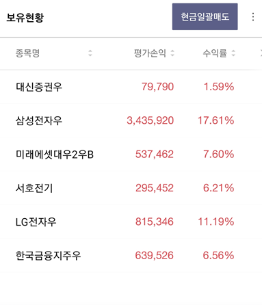  부모님을 위한 주식 계좌 - 한국금융지주우, 대신증권우, 미래에셋대우2우B, 삼성전자우, LG전자우, 서호전기