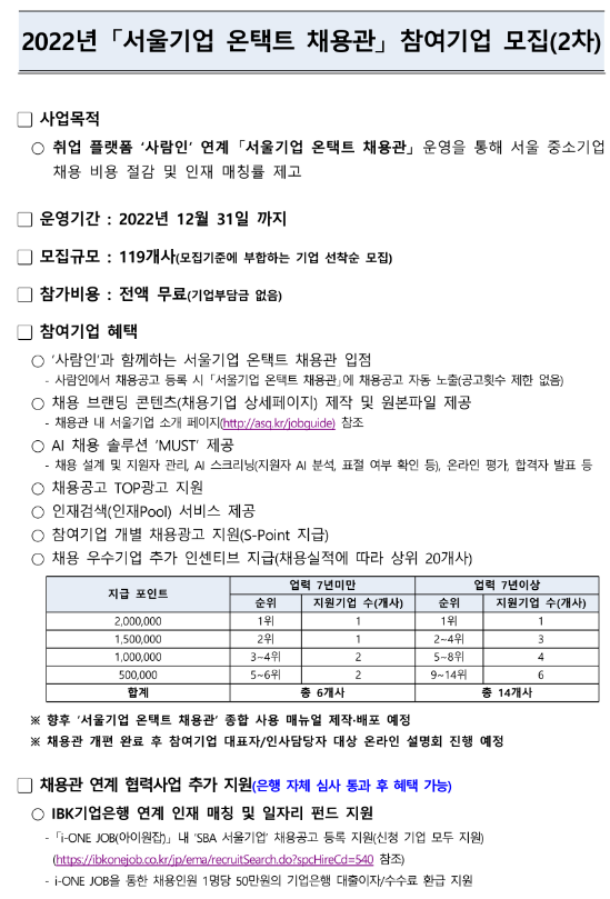  [서울] 2022년 2차 기업 온택트 채용관 참여기업 모집 연장 공고