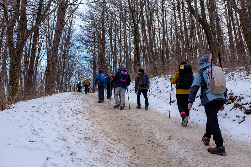 눈 쌓인 겨울산(태백산)을 오르는 등산객들.