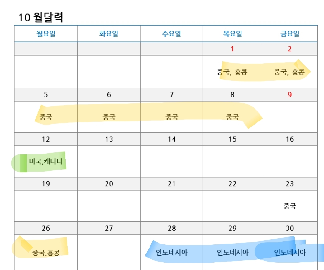 10월 해외주식거래 공휴일. 휴장일안내