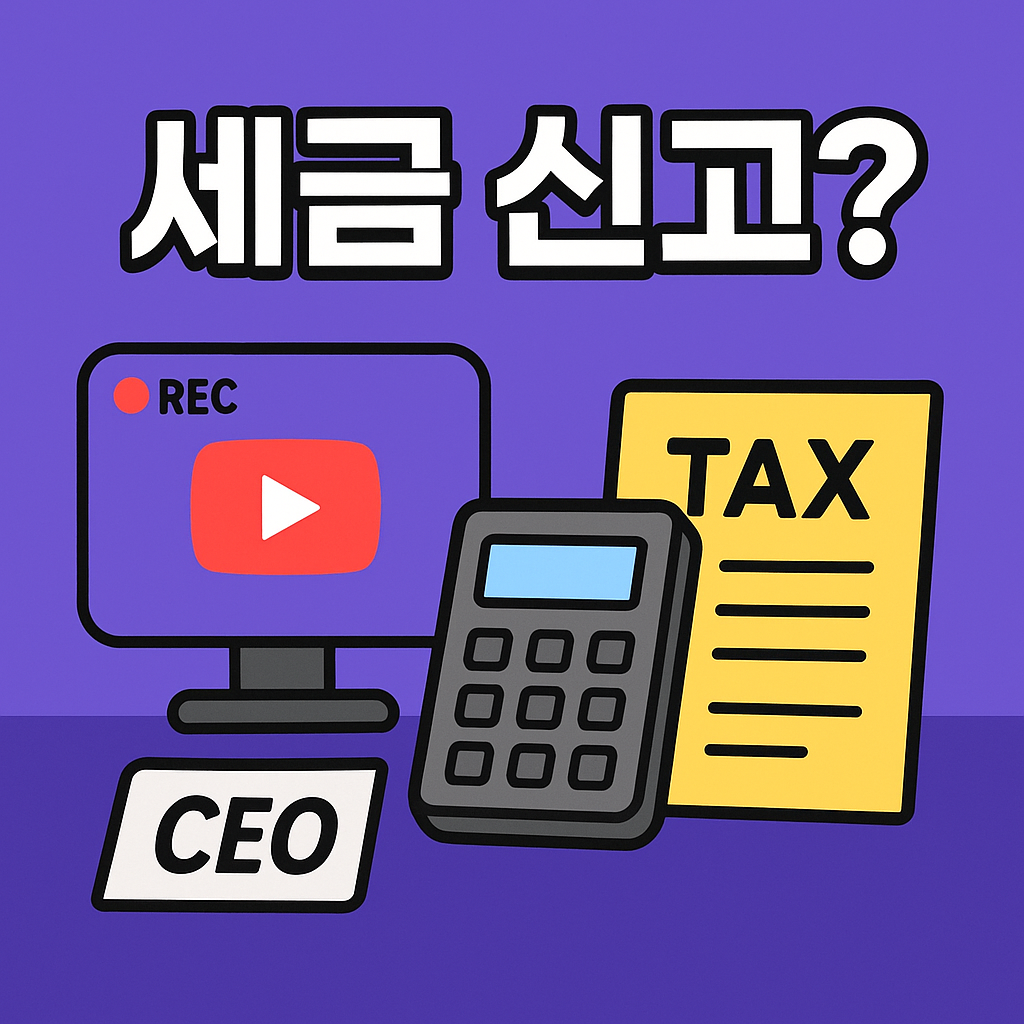 보라색 배경 위에 유튜브 영상 녹화 아이콘, 계산기, 세금 문서가 함께 배치되고 ‘세금 신고?’ 문구가 강조된 2D 일러스트 썸네일 이미지