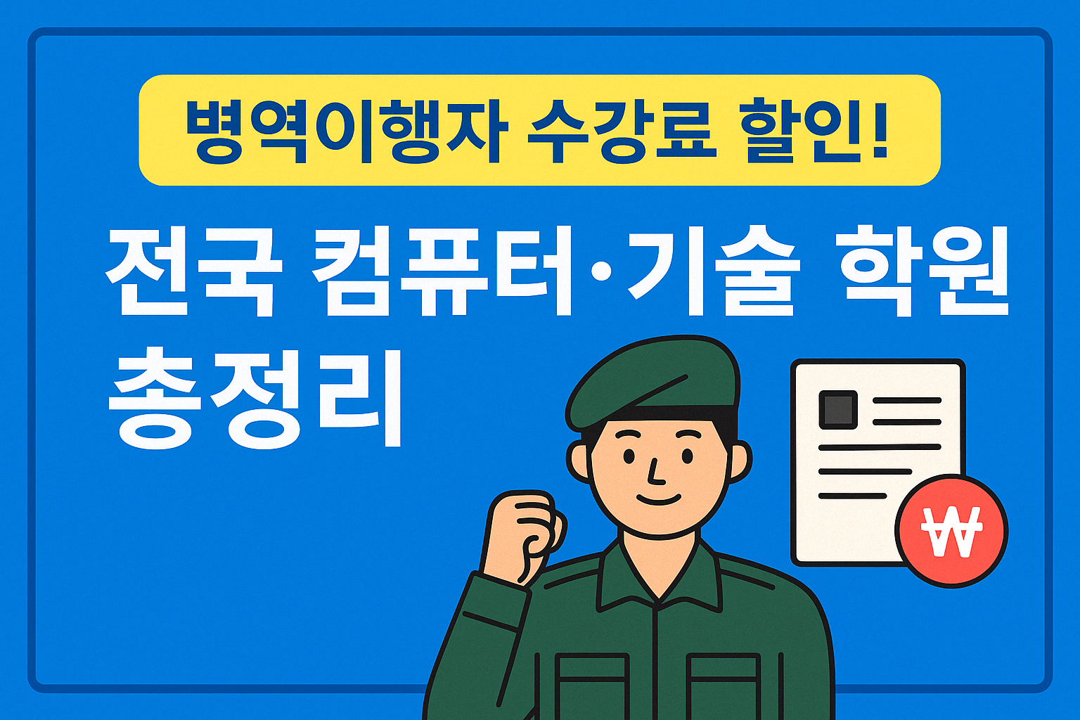 병역이행자 수강료 할인 혜택을 안내하는 썸네일 이미지. 파란 배경에 &quot;병역이행자 수강료 할인! 전국 컴퓨터·기술 학원 총정리&quot;라는 문구가 적혀 있으며, 오른쪽에는 군복을 입은 청년과 서류, 원화 기호 아이콘이 함께 배치되어 있다.