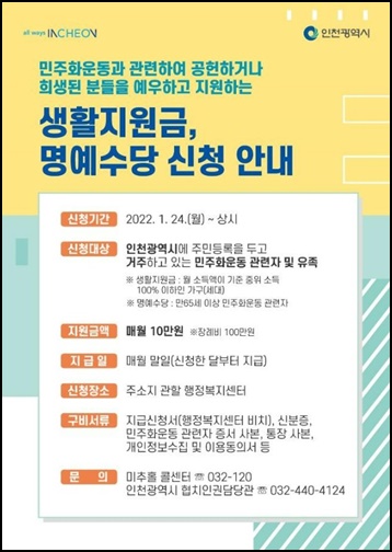  민주화운동 생활지원금 및 명예수당 신청방법 (in 인천광역시)