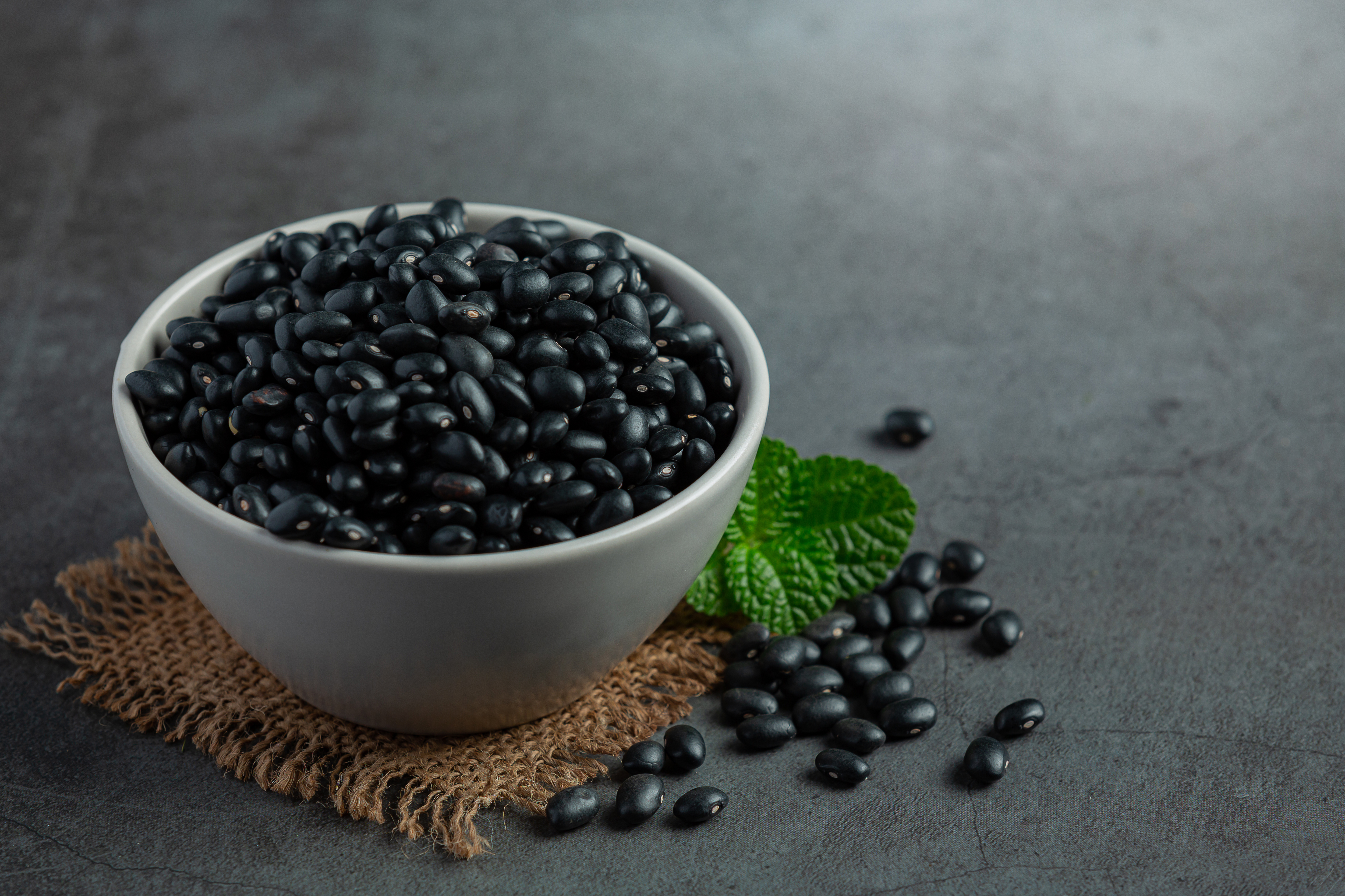 black-beans-white-small-bowl-place-dark-floor