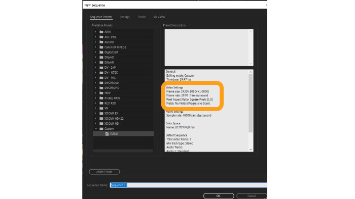 새로운 시퀀스 창에서 설정