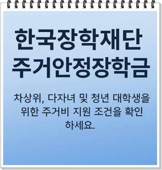 한국장학재단 주거안정장학금 신청 조건, 지원 금액, 중복 수혜 여부 등을 안내하는 정보성 인포그래픽 썸네일 이미지입니다.
