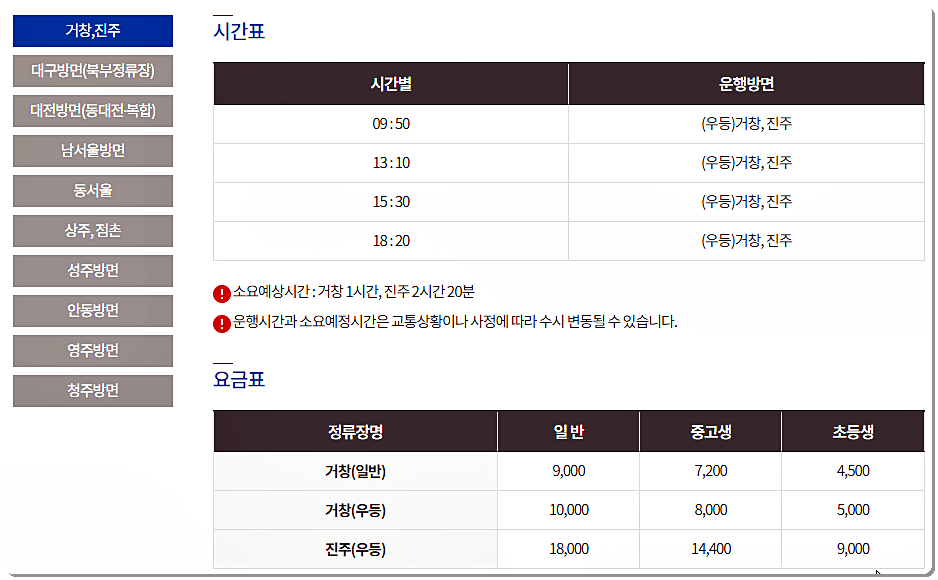 김천 시외버스터미널 시간표 및 요금표