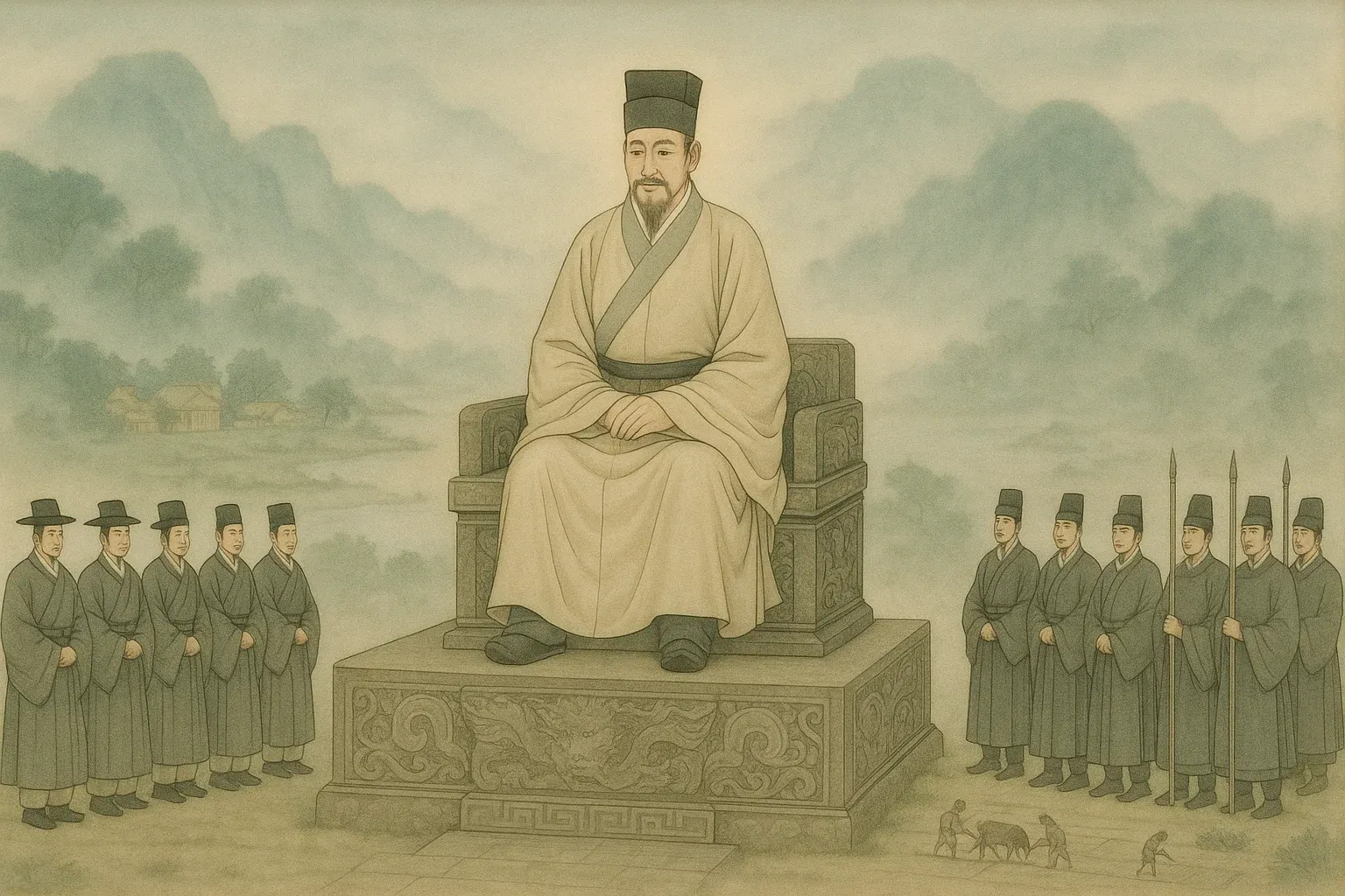 순임금이 황제의 자리에서 백성을 다스리는 모습을 형상화한 전통 그림 분위기의 대표 이미지