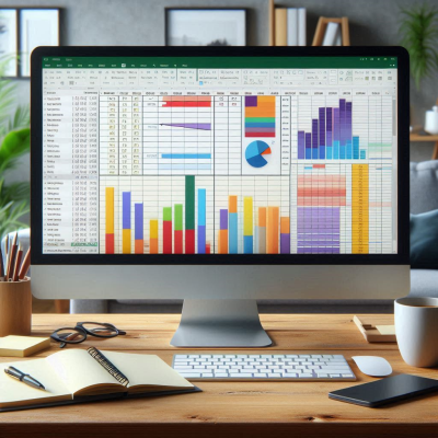 깔끔한 사무실 책상, 그래프와 차트가 표시된 모니터