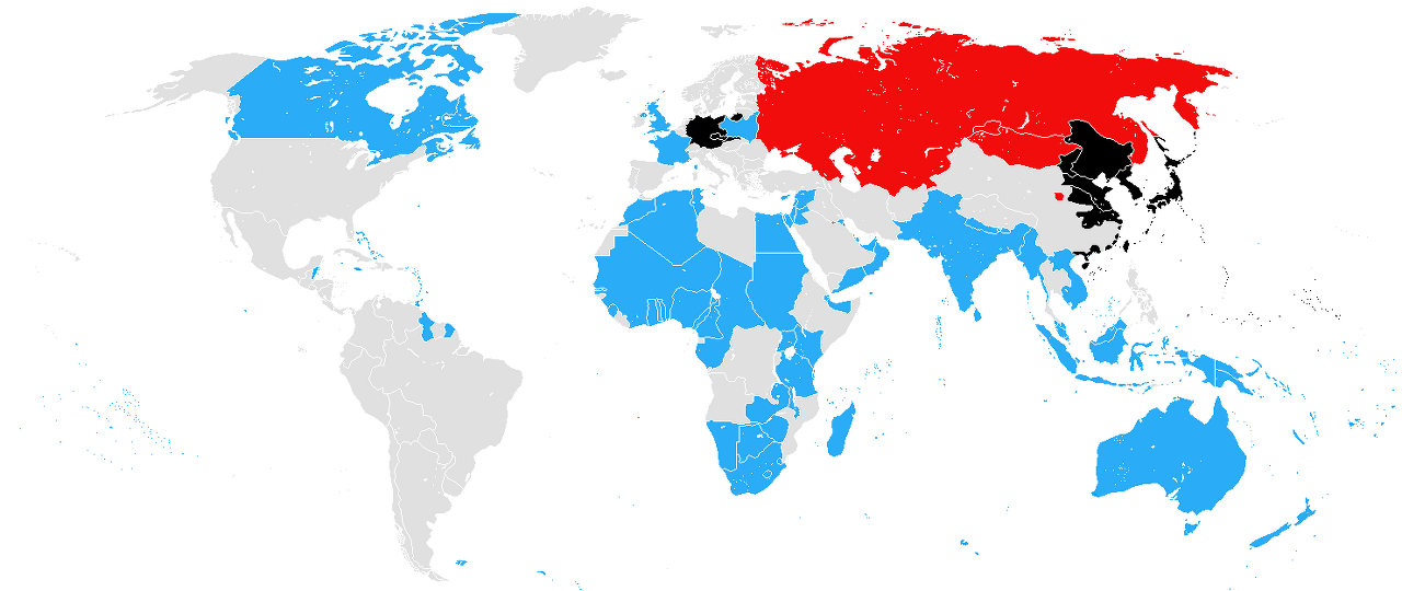 연합국(청색), 추축국(흑색), 소련(적색)