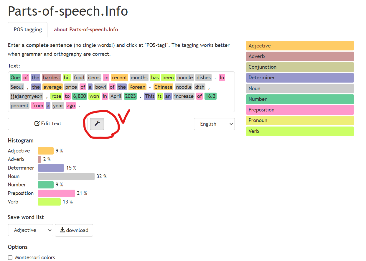 https://parts-of-speech.info/

The core of Parts-of-speech.Info is based on the Stanford University Part-Of-Speech-Tagger.

Please be aware that these machine learning techniques might never reach 100 % accuracy.