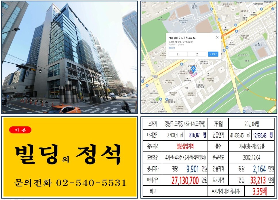  [강남구 우미건설 신사옥 오피스빌딩 실거래가 조회] 도곡동 467-14 (도곡역) 2,713억 700만 원, 평당 3억 3,213만 원, 연면적