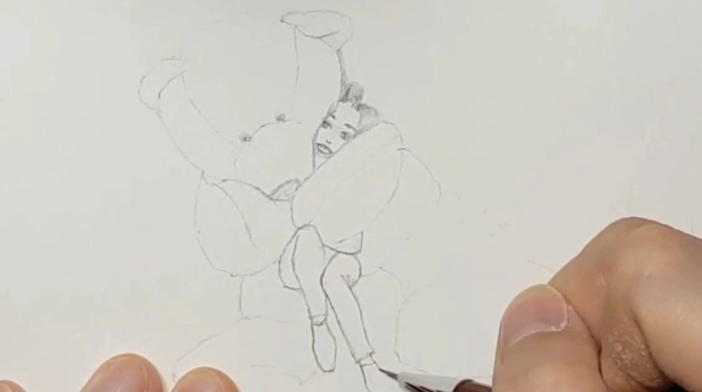 하체도 그려줍니다. 상체는 곰인형 팔에 가려져 보이지 않아요.