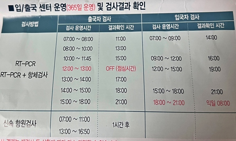인천 공항 코로나 검사 운영 시간표