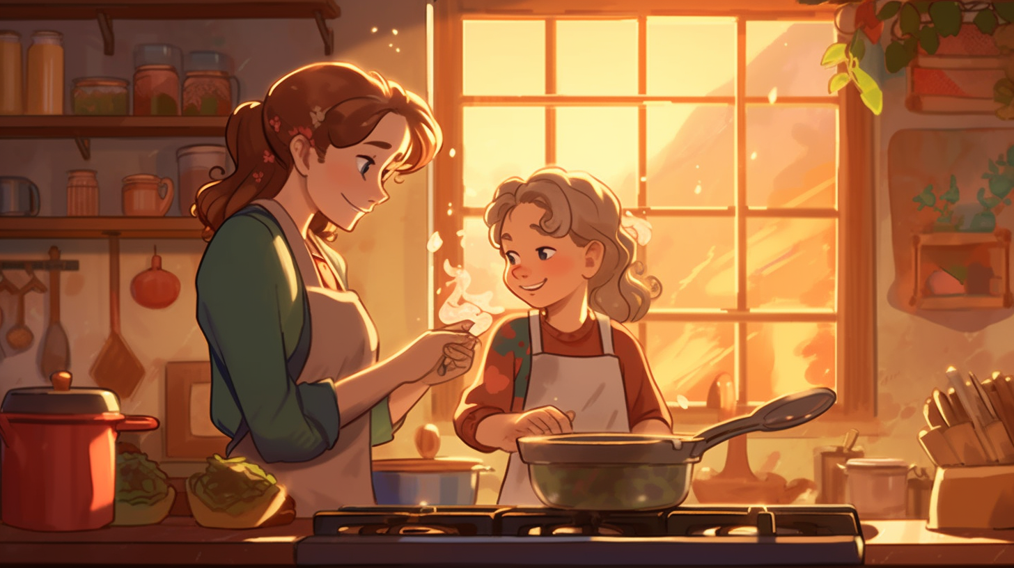 depicts a warm kitchen scene where a mother and her child are cooking and conversing together.