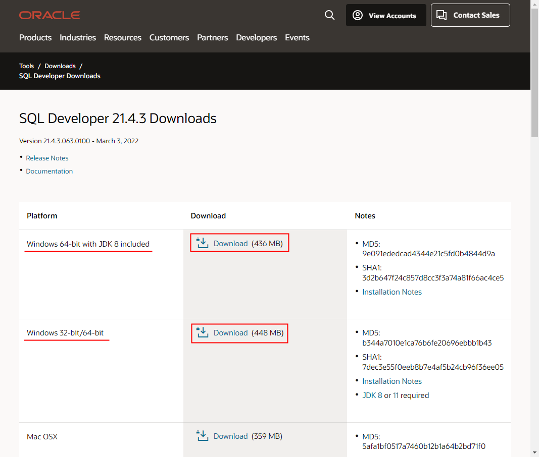 oracle SQL Developer 21.4.3 Download 페이지