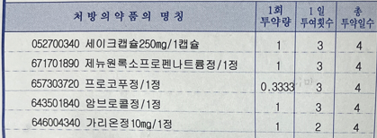 처방 받은 감기약 성분 및 투약량