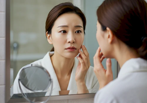 아침에 거울을 보며 피부 고민하는 30대 한국 여성의 실사 사진입니다.