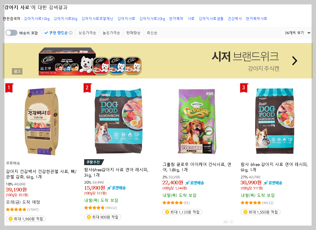 쿠팡 강아지사료 검색