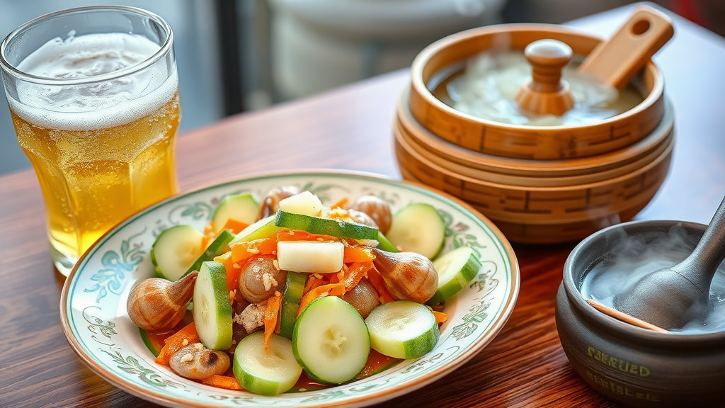 골뱅이오이무침 접시 옆에 시원한 맥주잔과 막걸리 사발이 김이 서린 채 놓여 있는 모습. 청량감을 강조