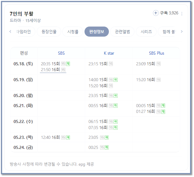 SBS금토드라마 7인의 부활 방송 편성정보