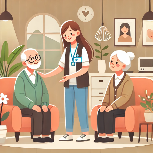 사회복지사 실습생이 요양시설에서 어르신과 소통하는 장면