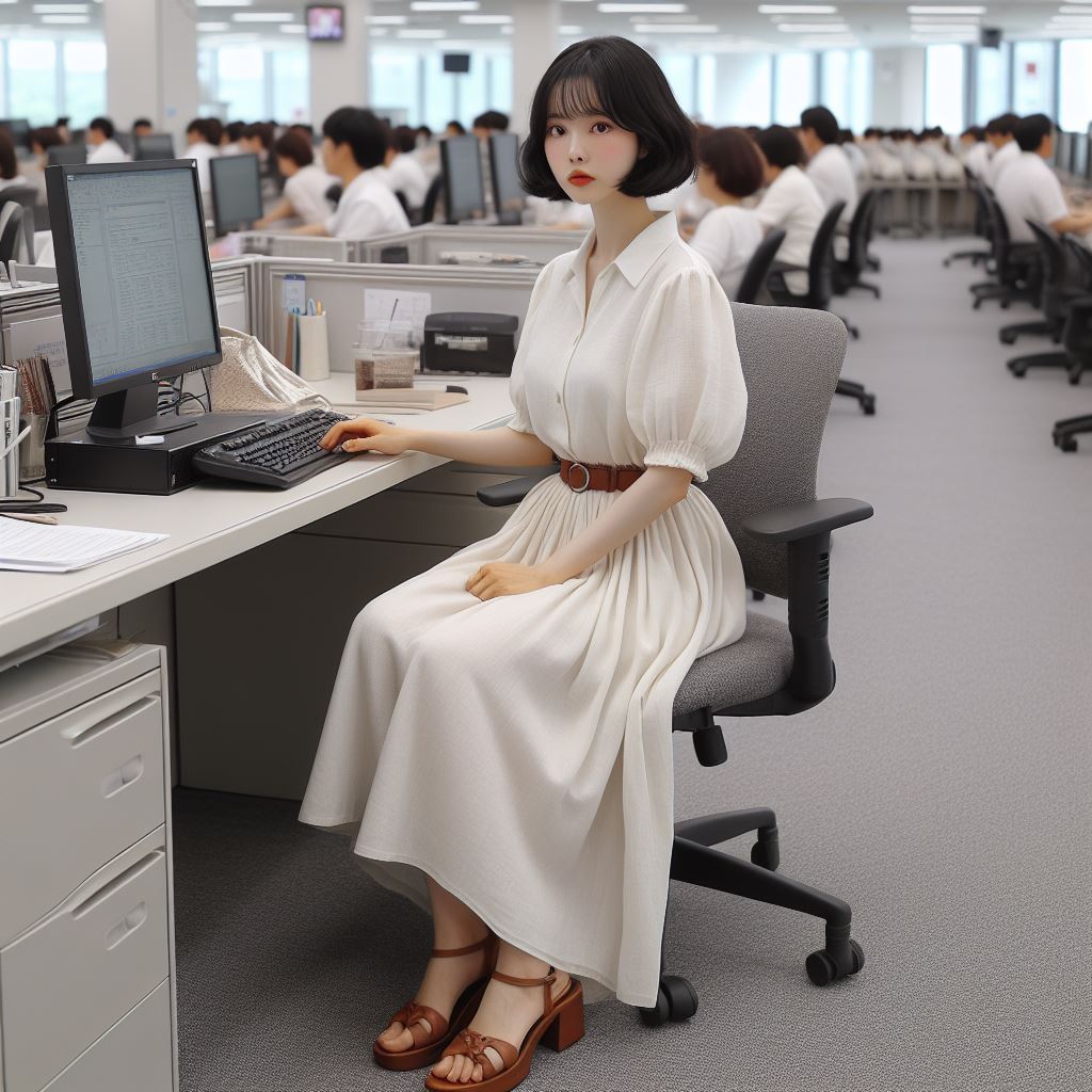 지방&#44; 국가 공무원 승진소요최저연수 공무원 임용령 개정 A Korean housewife with short black hair&#44; wearing a white cotton blouse with short sleeves&#44; an ivory long skirt that reaches the middle of her calves&#44; and brown sandals with thin straps and 7cm heels&#44; sitting in front of a computer at a crowded office&#44; working as a civil servant.