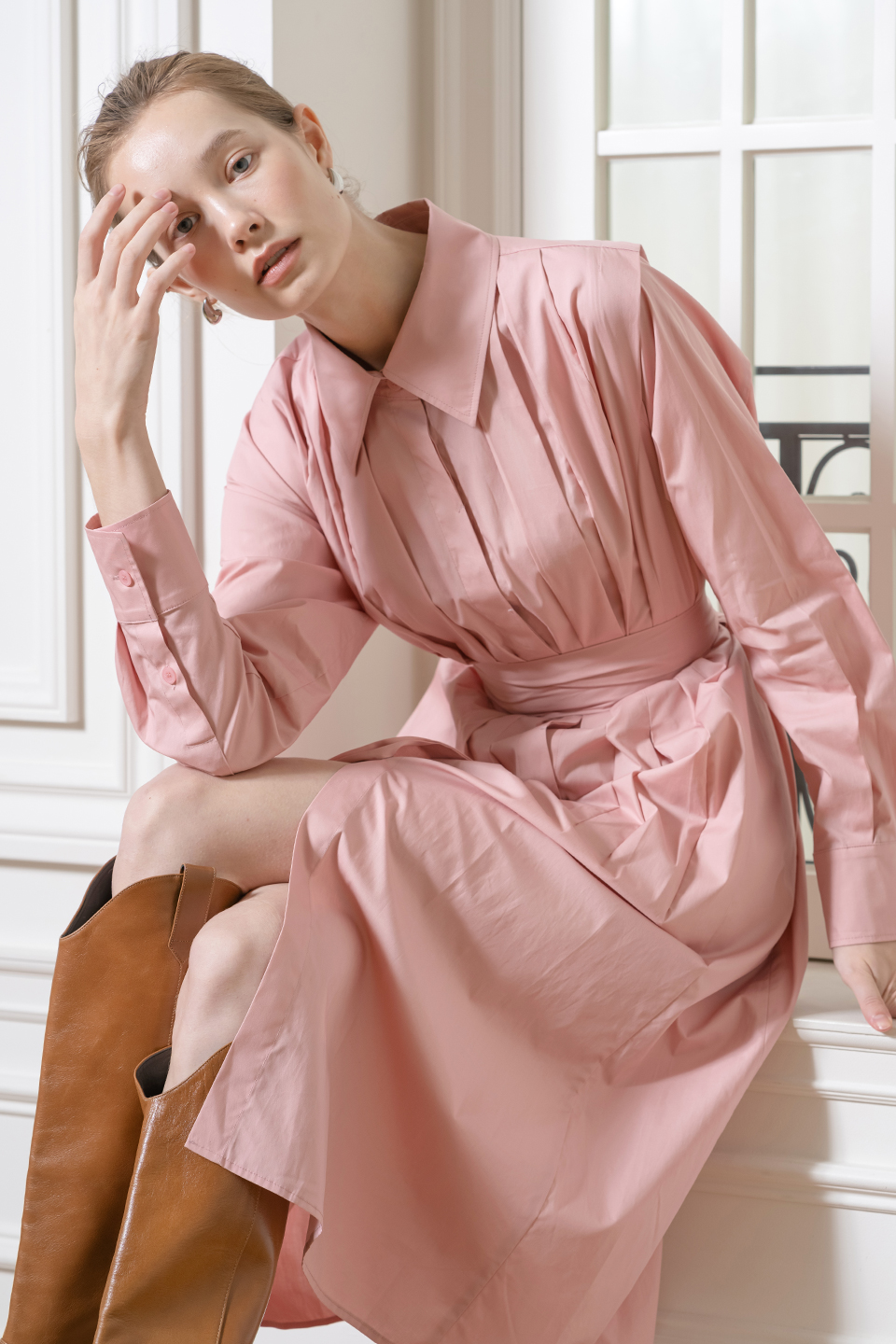 Belted pleats dress pink / cordinary