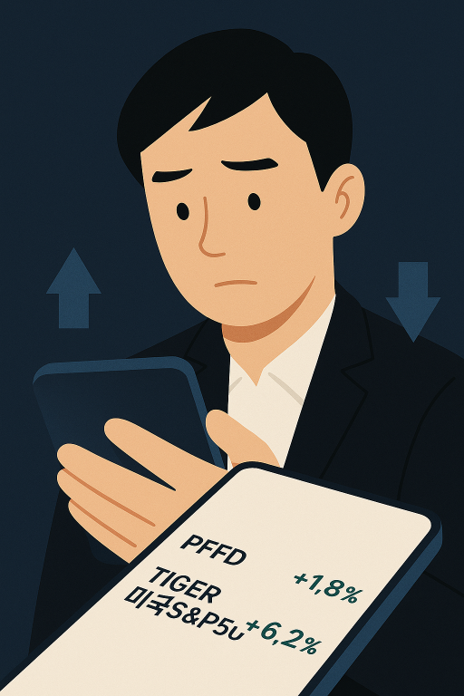 "수익률 비교에 혼란을 느끼는 초보 투자자 김대리가 스마트폰 화면을 바라보며 고민하는 모습의 일러스트. 투자 앱 화면을 들여다보며 혼란스러운 표정을 짓고 있는 장면으로, 주식 수익률 확인과 리밸런싱 입문 상황을 표현."