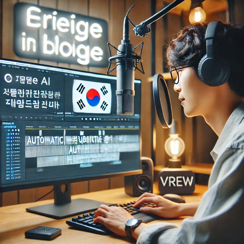 &quot;한국의 유튜버가 컴퓨터 화면에서 Vrew와 어도비 프리미어 프로 같은 AI 자막 생성 도구를 이용해 자동 자막을 작업 중인 모습. 마이크와 조명이 갖춰진 현대적인 홈 스튜디오에서 작업하고 있음.&quot;
