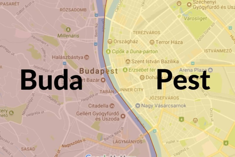 부다 - 페스트 지역으로 나뉘는 부다페스트 지도