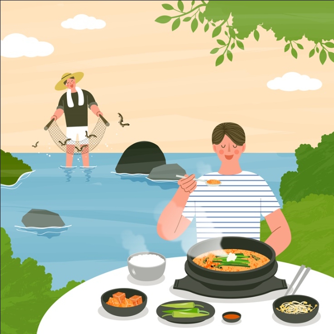 2020년 복날에 먹는 음식들과 삼복더위의 의미를 알려주는 이미지로 각종 피서지와 피서방법 보양음식이 담겨있다.