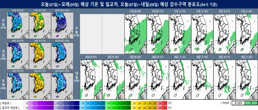 오늘~모레 예상 기온 및 일교차, 오늘~내일 예상 강수구역 분포도