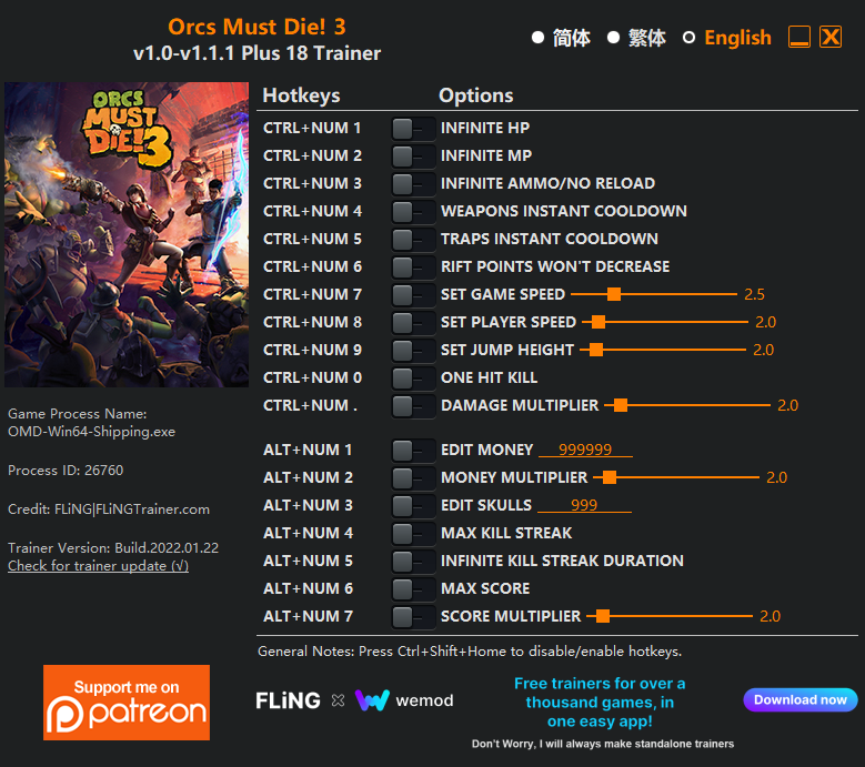  [트레이너] 한글판 오크 머스트 다이3 Orcs Must Die 3 v1.0-v1.1.1 Plus 18 Trainer 영문판