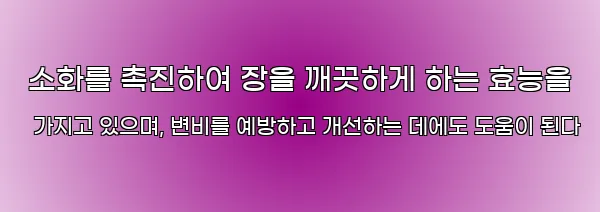 소화를 촉진하여 장을 깨끗하게 하는 효능을 가지고 있으며, 변비를 예방하고 개선하는 데에도 도움이 된다