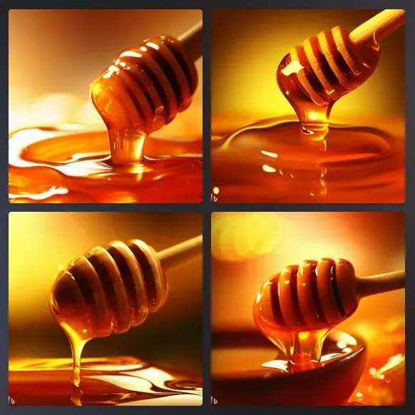 도구로 꿀을 찍어 올리는 이미지 4개 모음