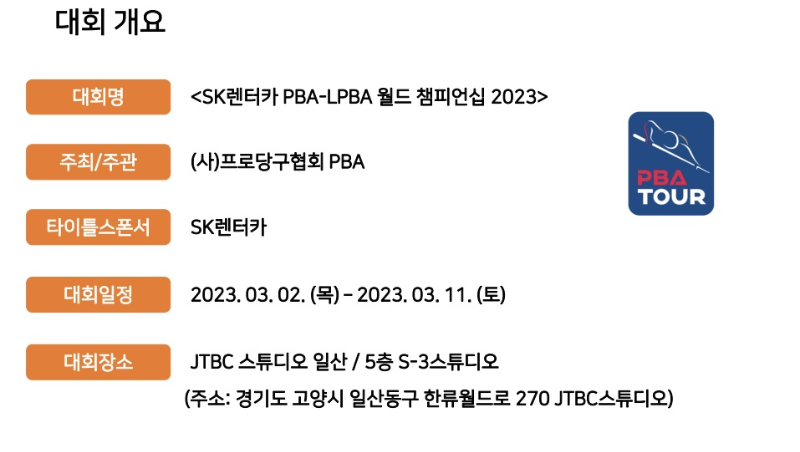 SK렌터카 PBA-LPBA 월드 챔피언십 2023 대회개요 - 대회 일정&#44; 대회 장소