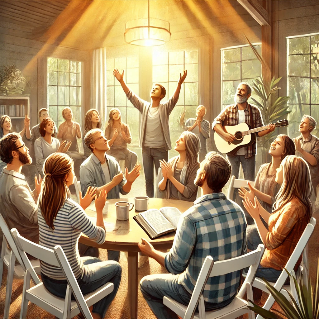 Here is the image portraying a group gathering in fellowship&amp;#44; starting with gratitude to God and praise&amp;#44; followed by a time of teaching and sharing wisdom from scripture. It captures the warm&amp;#44; harmonious atmosphere centered on thankfulness and worship.