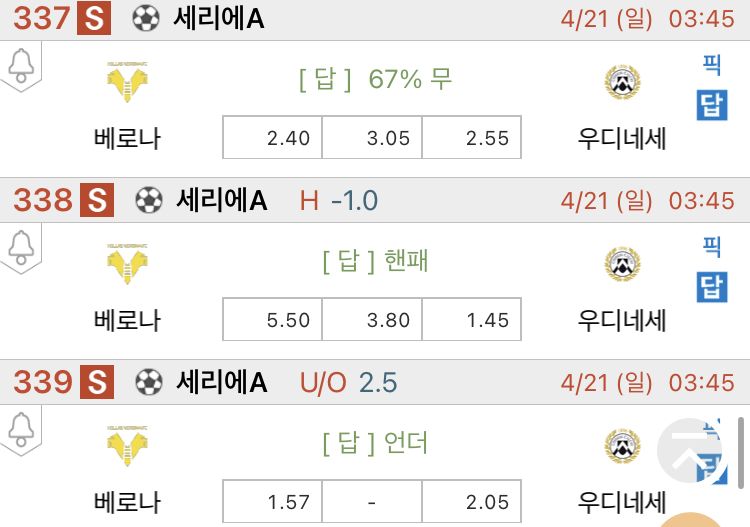  [진짜총] 4월21일 베로나 VS 우디네세 해외축구분석