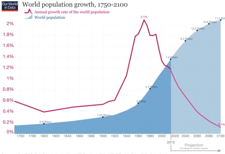 전세계 인구 성장률은 1960년 2%까지 올라갔다가 하락하고 인구는 2100년까지 약 110억명까지 올라가는 차트