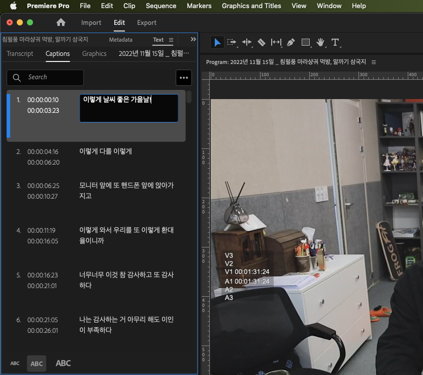 자막 편집 모드에서 직접 텍스트 수정