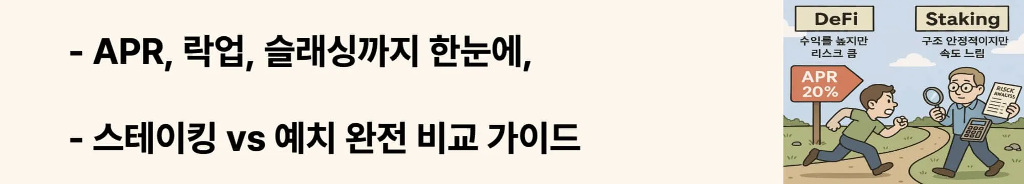 ‘수익 뒤에 숨은 그림자, 리스크 구조까지 이해하자’라는 문구가 포함된 웹배너 이미지. 이 이미지는 스테이킹과 디파이 예치에 따른 리스크 유형을 비교 분석하며, 블로그의 암호화폐 수익 전략 리스크 관리 주제와 관련된 내용을 설명함 (crypto risk staking vs defi).
