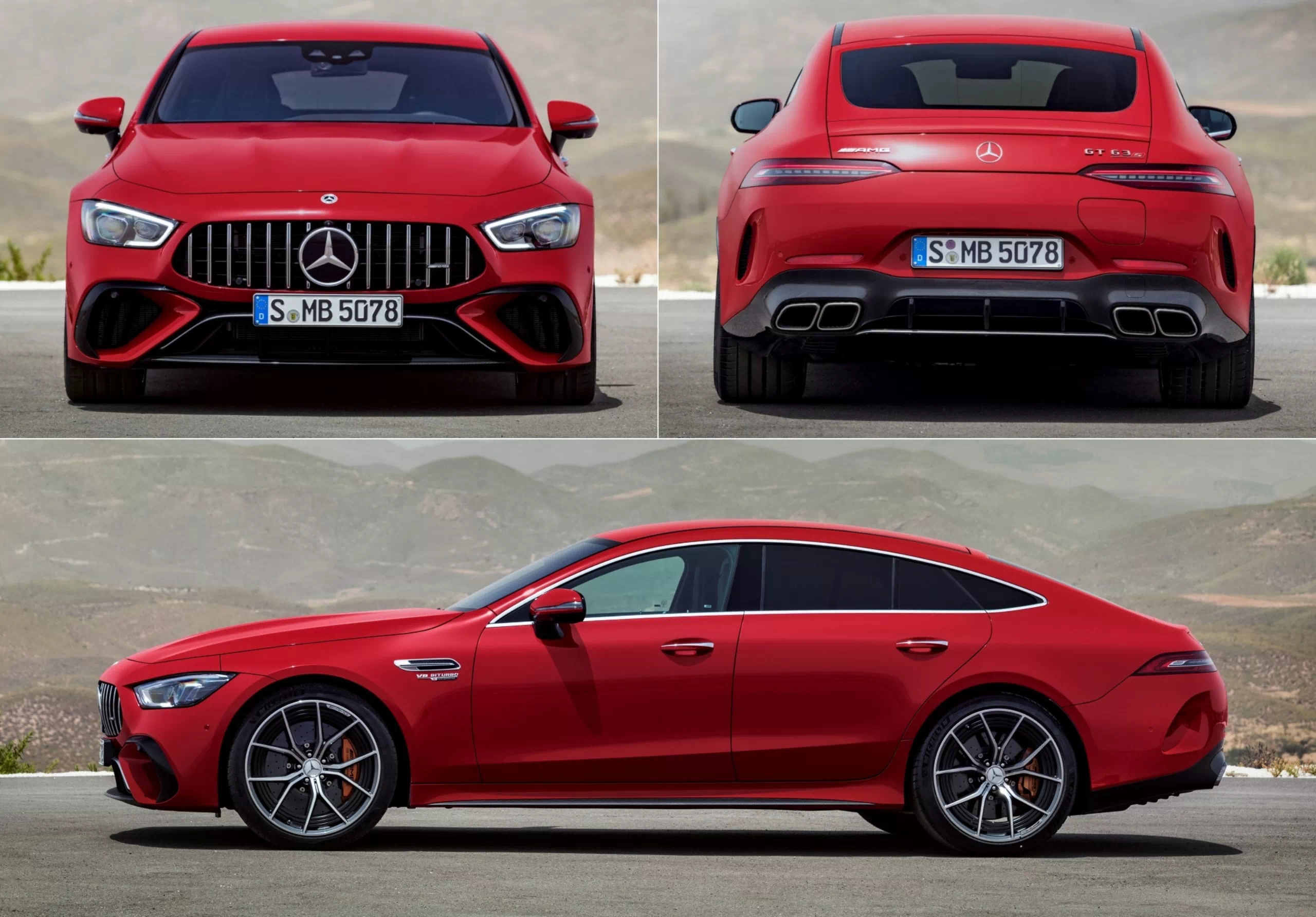 AMG GT 63 SE 퍼포먼스의 앞, 뒤, 옆모습입니다.