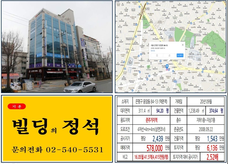  [은평구 은평구청 준주거지역 50억 올근생 꼬마빌딩 실거래가 조회] 응암동 84-13 (역촌역) 57.8억 원, 평당 6,136만 원 매매되었습