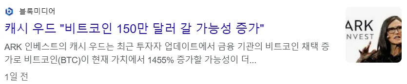 캐시우드 비트코인 150만 달러 갈 가능성 증가 기사 이미지