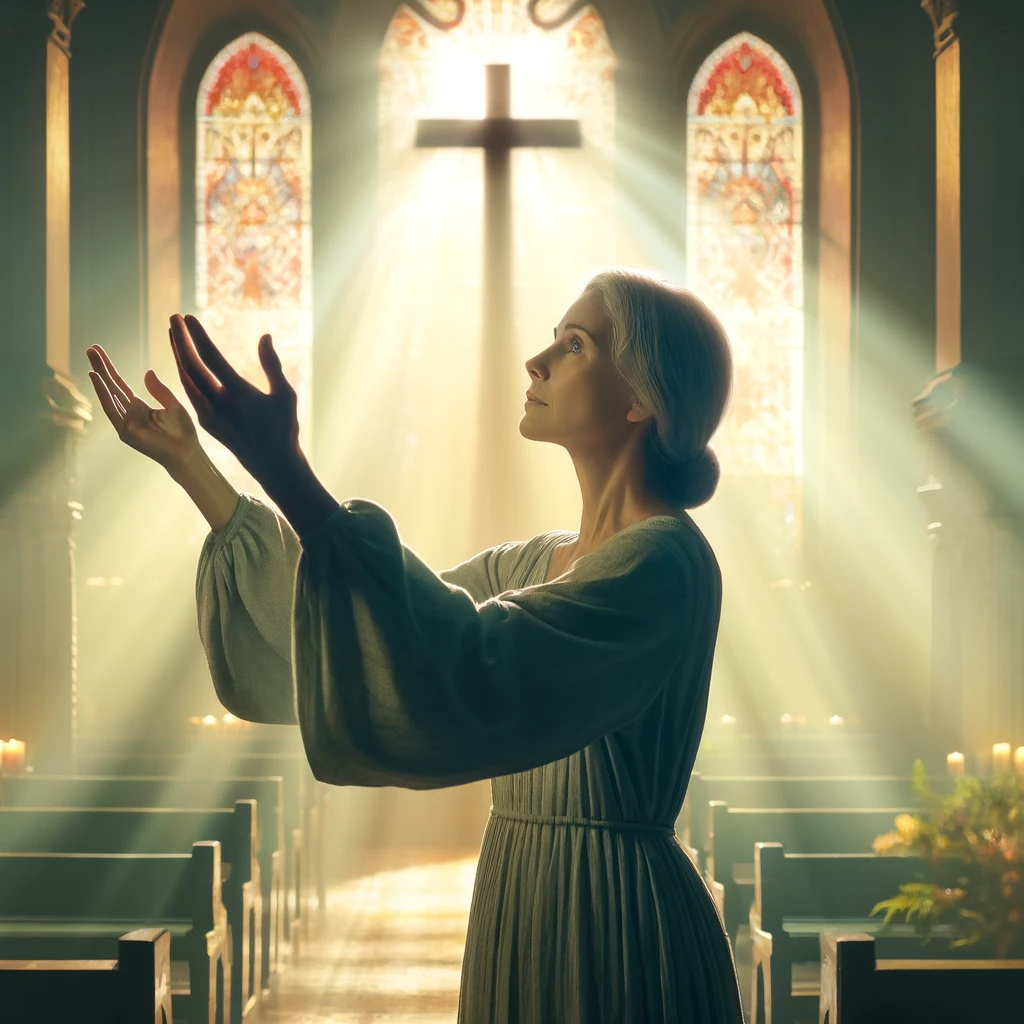 Here is the image depicting an individual praying to God in a peaceful church setting. The image captures a sense of deep reverence and spiritual connection.