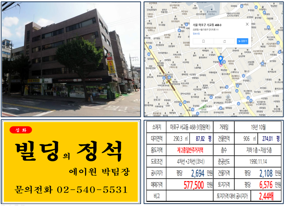  [마포구 건물 실거래가 조회]서교동 468-3(망원역) 57.75억, 평당 6,576만원, 개그맨 김태균(컬투) 빌딩, 연예인 빌딩