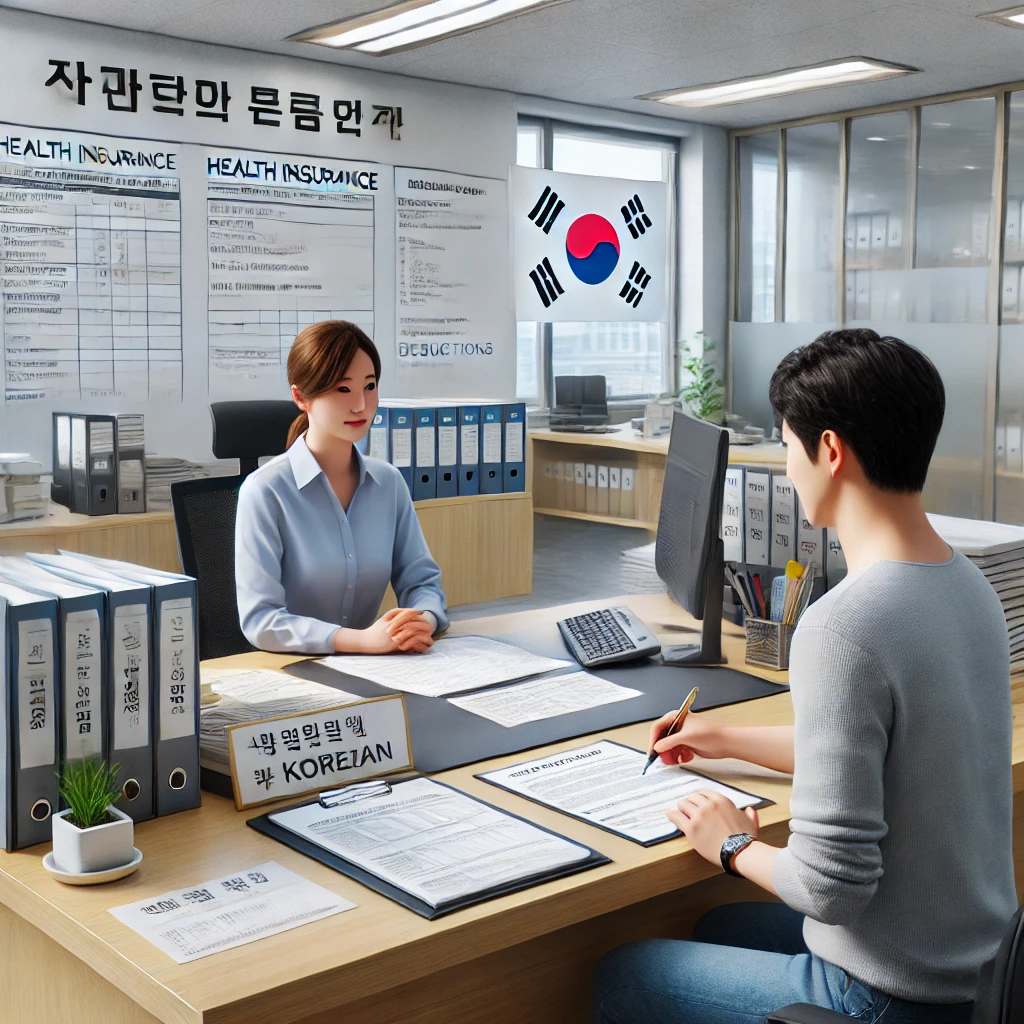 정부 사무실에서 건강보험료 공제 서류를 제출하는 한국인